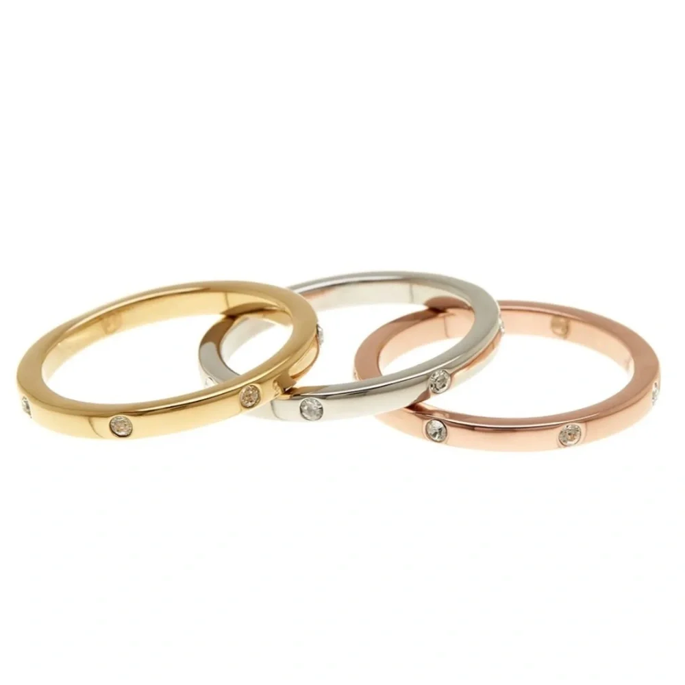 14K GOLD SWAROVSKI Chrystal Studded Band Set Of 3 NWT